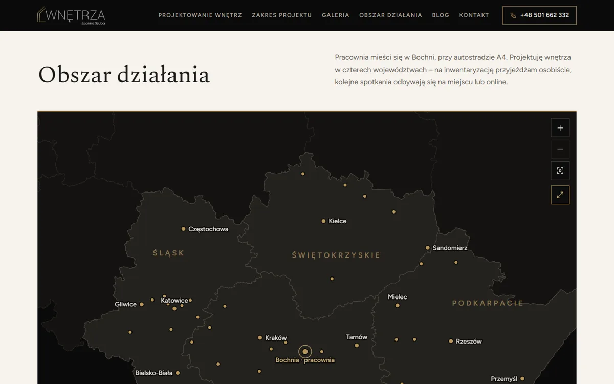 Interaktywna mapa obszaru działania pracowni projektowania wnętrz